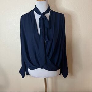 Derek Lam Collective navy blue chiffon long sleeve neck tie blouse 40 / US 4